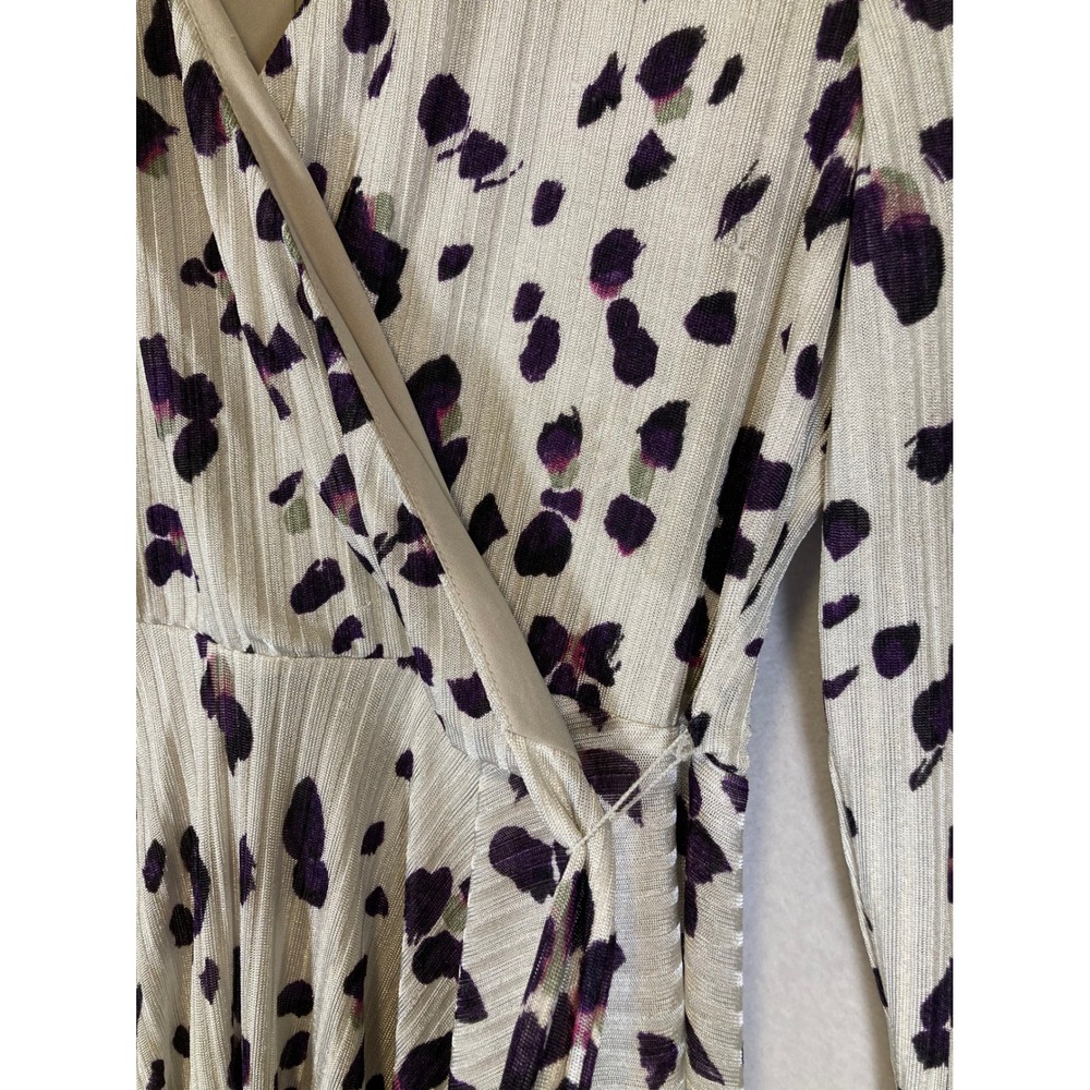 Whimsical Abstract Print Wrap Dress Women Size Small Cream Purple Handkerchief - Picture 4 of 11